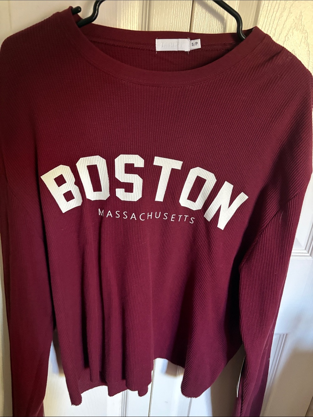 Harlow Burgundy Crewneck Sweater with White Boston Lettering